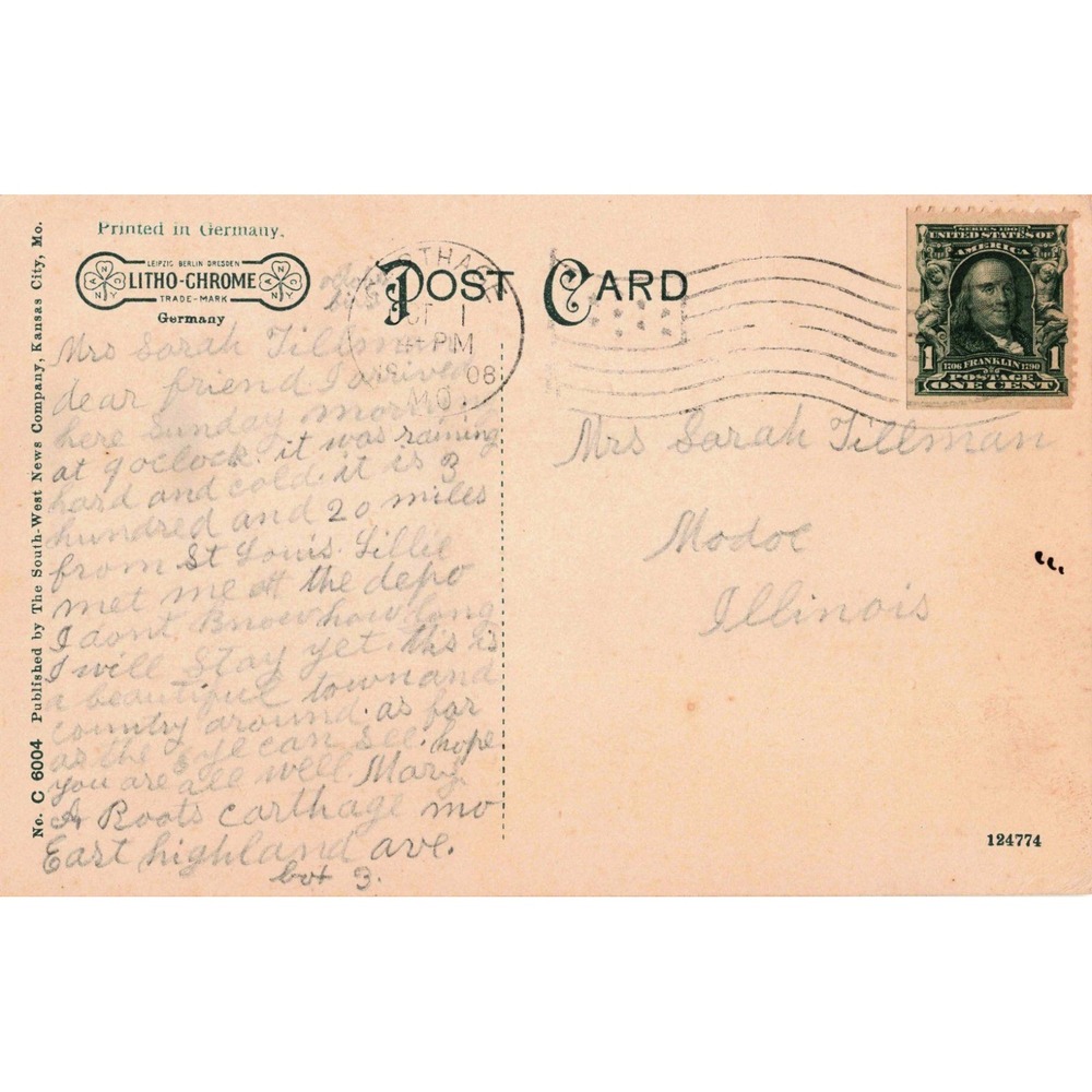 Vintage 1908 Lake Side Park Carthage Missouri Postcard Litho-Chrome MO VG - Picture 2 of 2